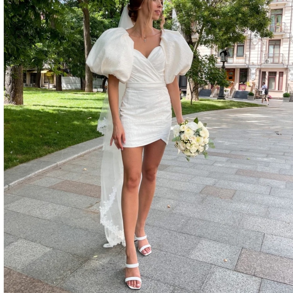 Puff sleeve bridal mini dress with glitter fabric